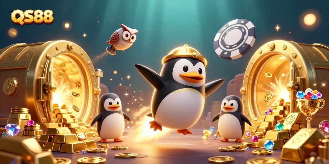 Experience excitement at QS88 with a golden penguin and dazzling casino treasures