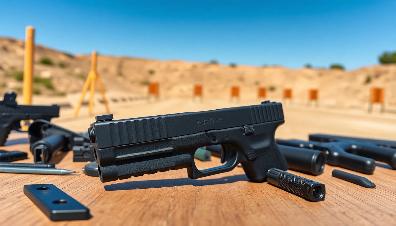 Examine the glock 19 gen 5 slide with detailed accessories against a shooting range background.