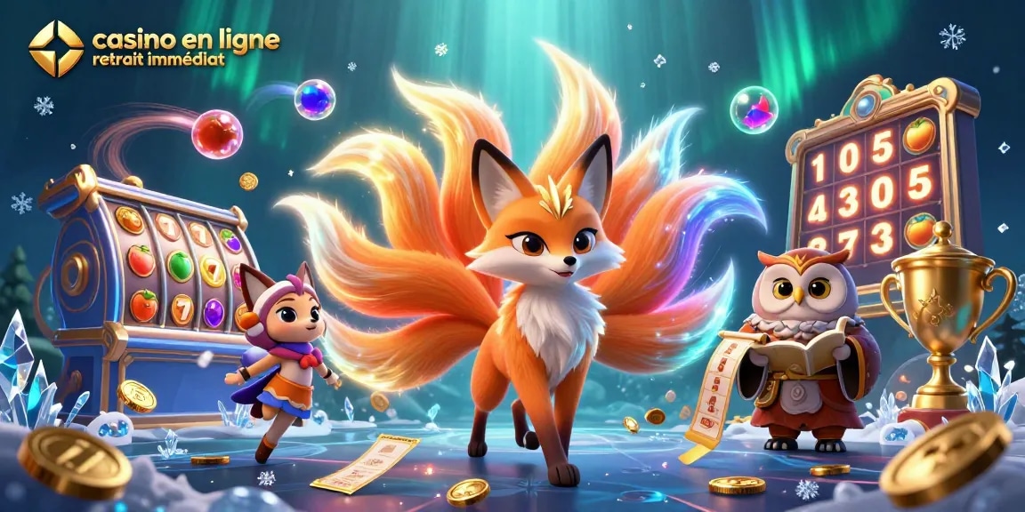 Découvrez le casino en ligne retrait immédiat avec ce visuel dynamique, mettant en avant les jeux de machines à sous et un esprit fox qui brille.