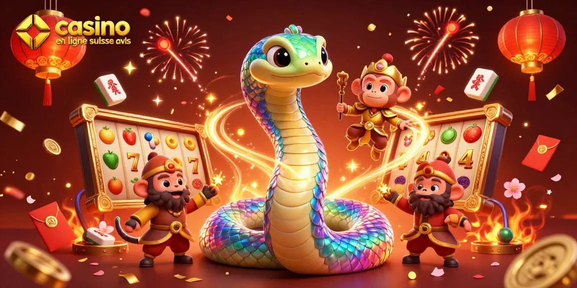 Illustration festive avec des symboles de casino, représentant l'avis sur casino en ligne suisse.