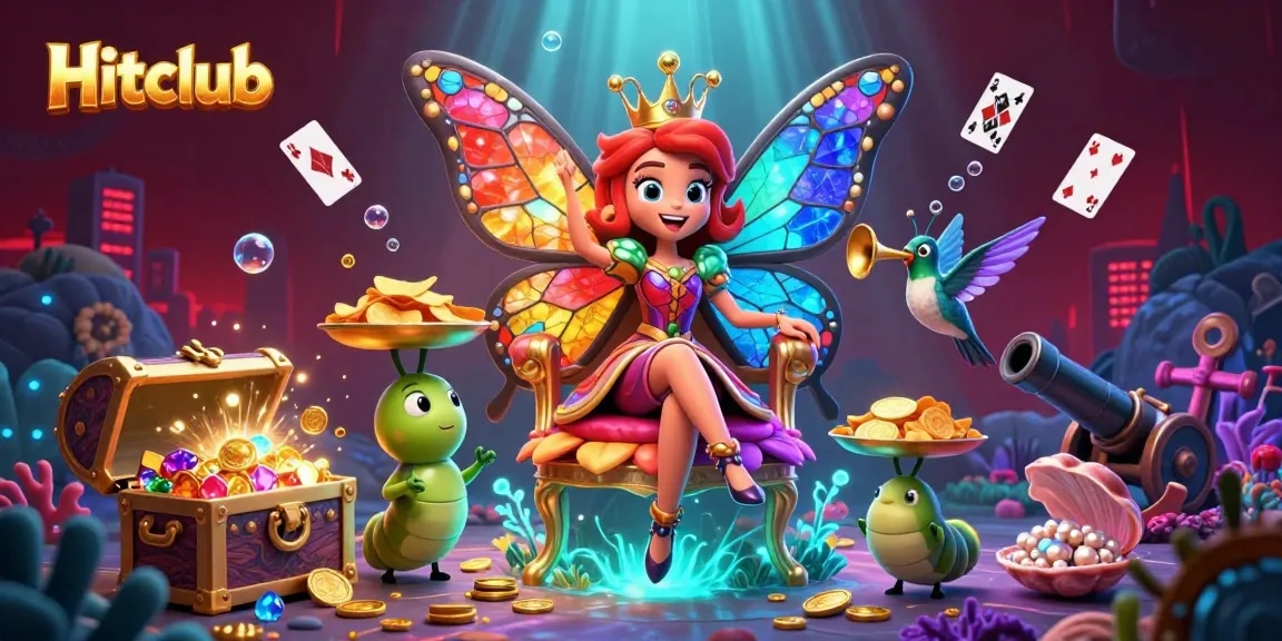 Experience winning strategies at Hitclub with a vibrant 3D casino illustration featuring a butterfly queen and dynamic game elements.