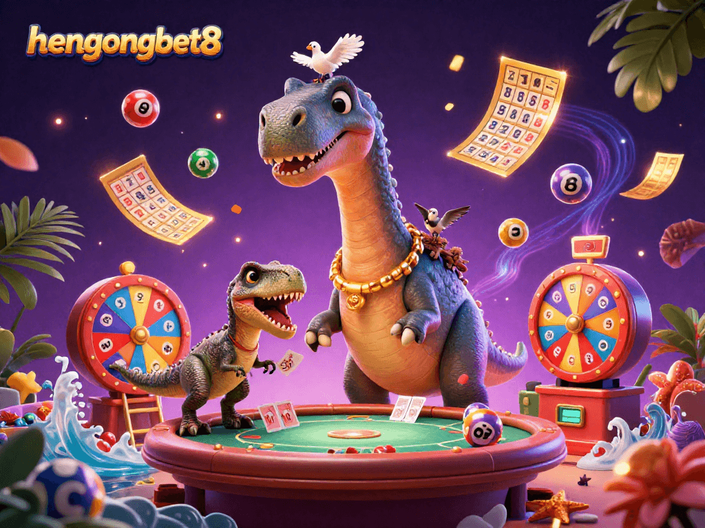 Join the action at hengongbet8 with a colorful casino scene featuring a brontosaurus, clever raptor, and vibrant games.