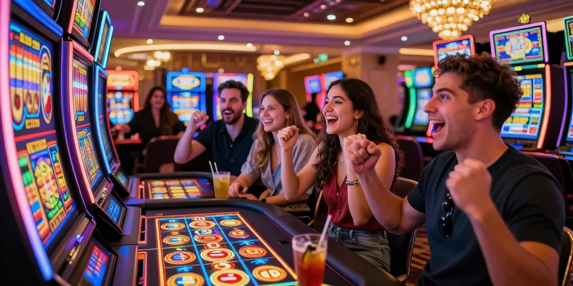 Excited players engaging with colorful เกมสล็อต machines in a vibrant casino atmosphere, celebrating wins.
