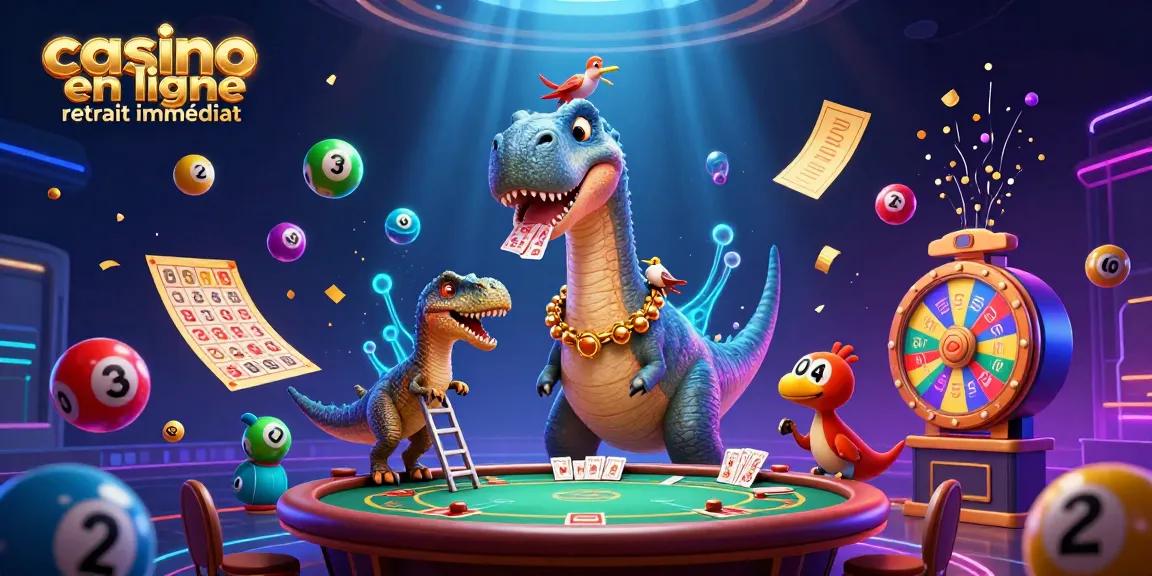 Illustration dynamique du concept "casino en ligne retrait immédiat", brontosaurus géant et raptor de cartes.