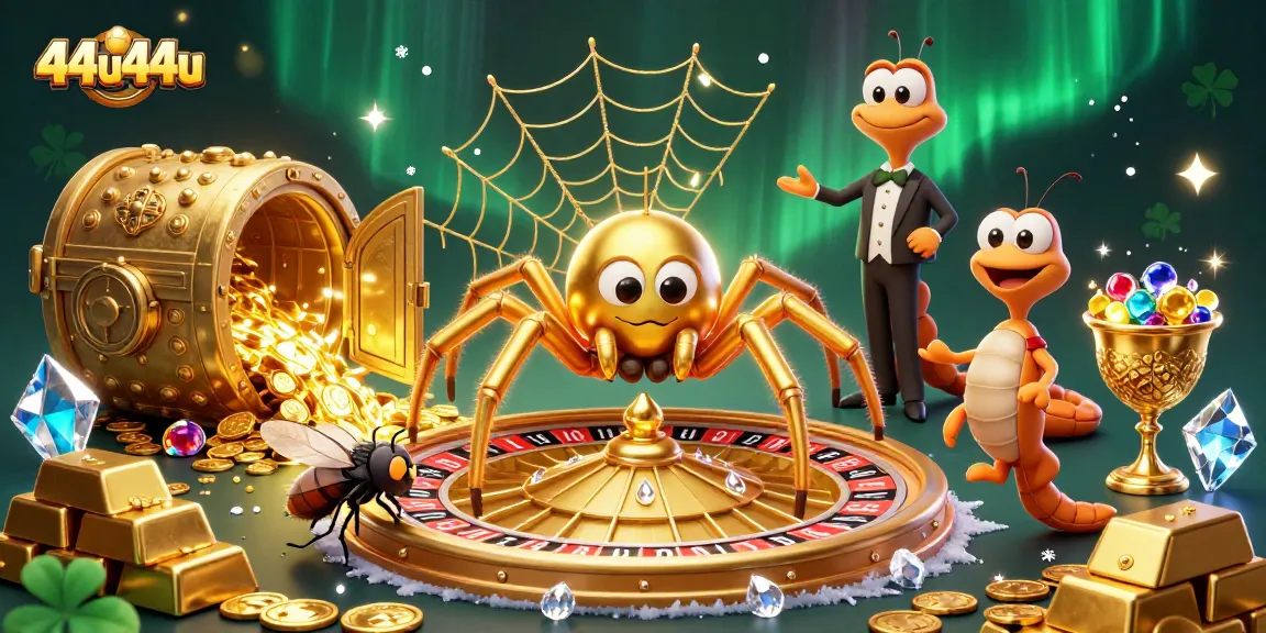 Join the excitement with 44u44u as a golden spider spins a roulette web in an animated casino scene.