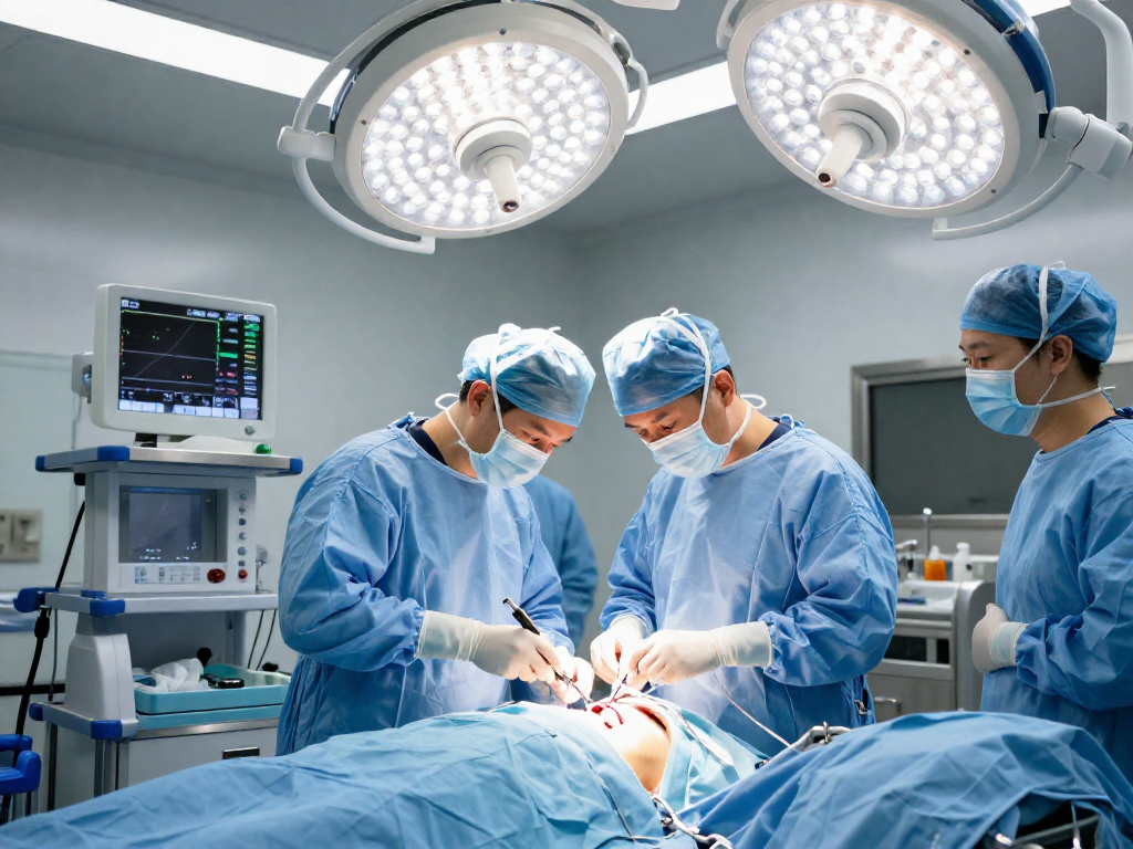 Focus on a surgeon performing a Bel fıtığı ameliyatı in a modern surgical room with advanced tools.