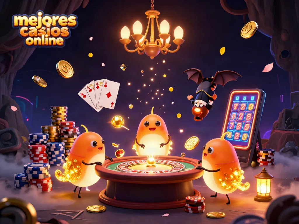 Iluminación de un casino en línea con luciérnagas y un murciélago como crupier, mejores casinos online resaltados