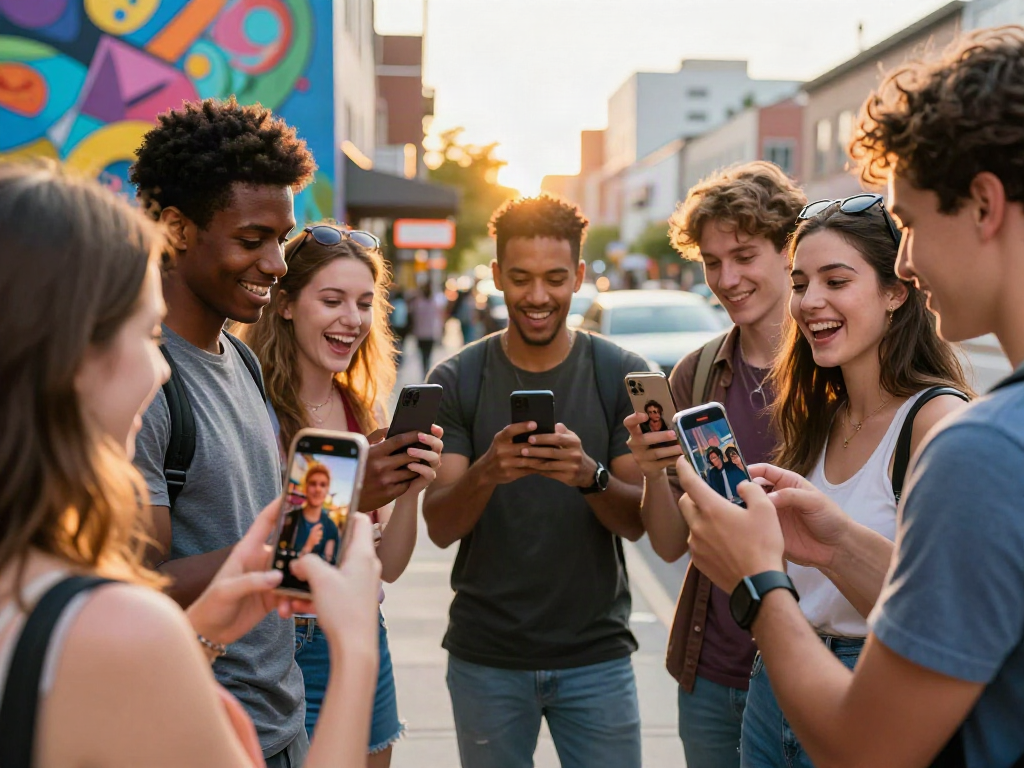 Young adults comparing celebrity look-alike photos, celebrating the fun of discovering who they resemble.