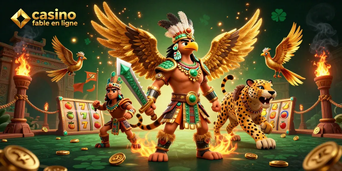 Découvrez une illustration dynamique pour un casino fiable en ligne avec des guerriers aztèques et des éléments de jeu.