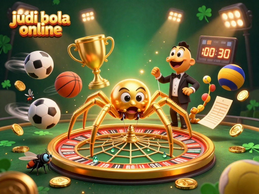 Place bets in thrilling judi bola online action as sports elements surround a golden spider and centipede croupier.