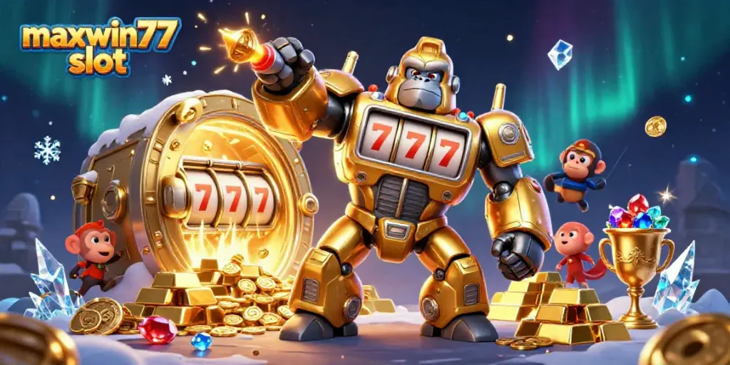 Experience the thrill of winning spins with maxwin77 slot in a dynamic casino-themed illustration.