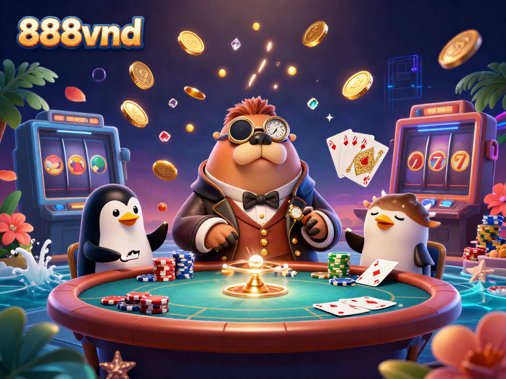Experience 888vnd's lively underwater casino scene with a charming walrus and competitive creatures