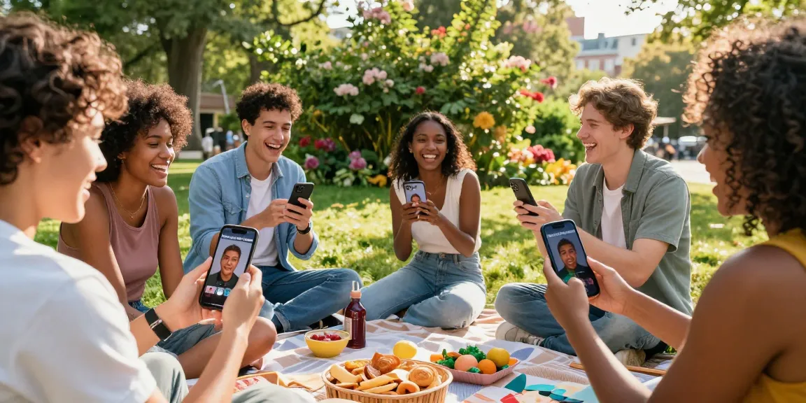 Group of friends using the "how old do I look" app in a sunny park.