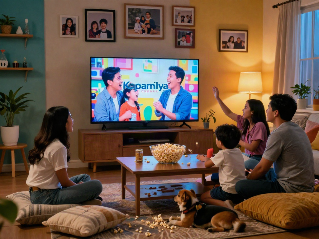 Family enjoying entertainment on kapamilyachannel.com during cozy movie night.