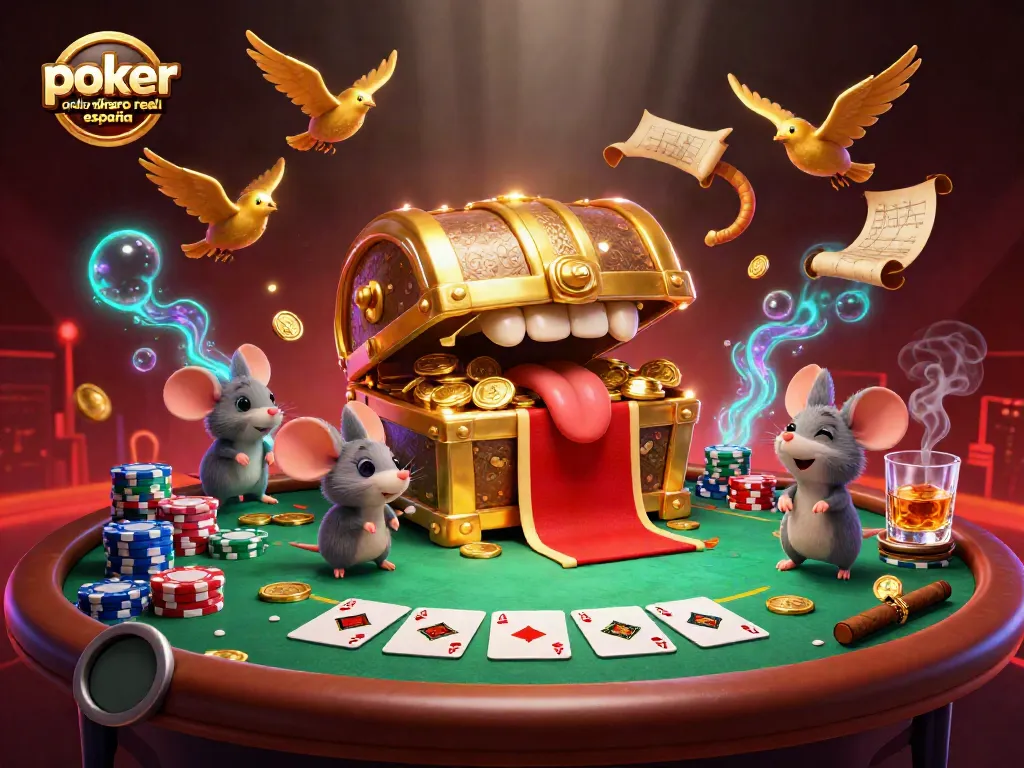 Juega al póker online con dinero real en España rodeado de cartas y fichas en un ambiente emocionante.