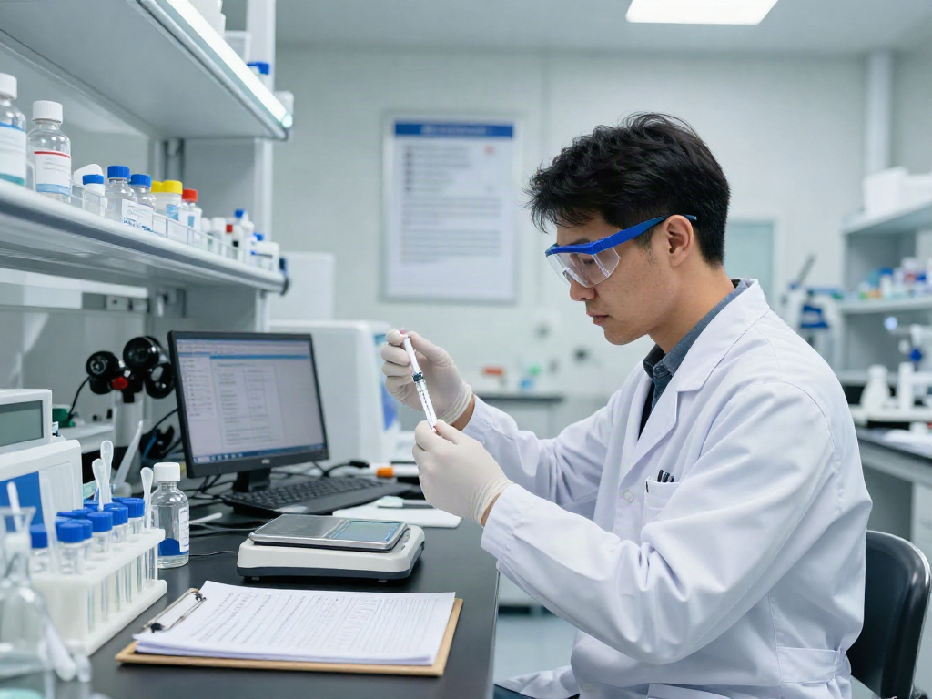 Researcher preparing TESA/IPA peptide blend in a modern lab, showcasing precision and innovation.