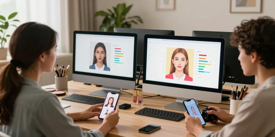 Participants engaging in an attractiveness test, analyzing facial features and beauty scores online.