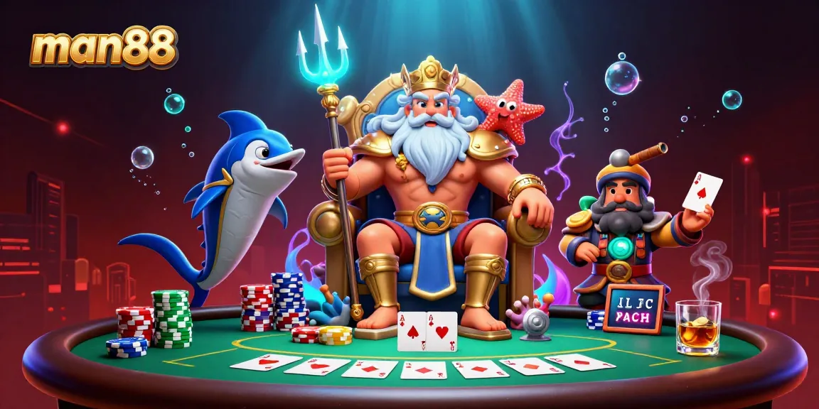 Experience the thrill of man88 poker with Neptune and vibrant game elements in a dynamic illustration.