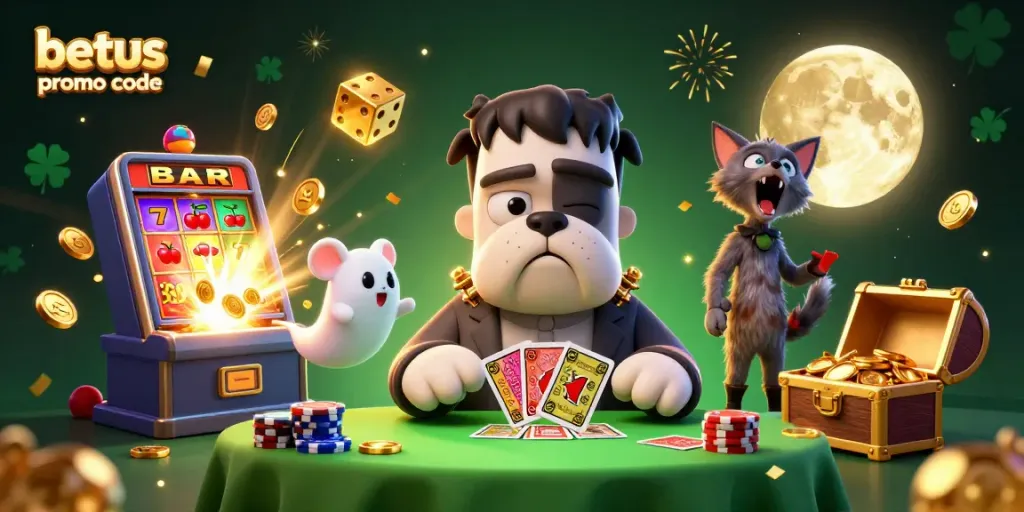 Experience the excitement with BetUS promo code in a lively gambling scene featuring unique characters!