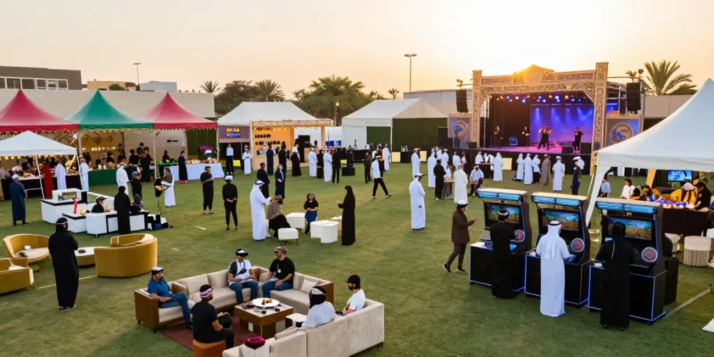 Event rentals enhancing a vibrant outdoor festival in Saudi Arabia with colorful tents and game stations.