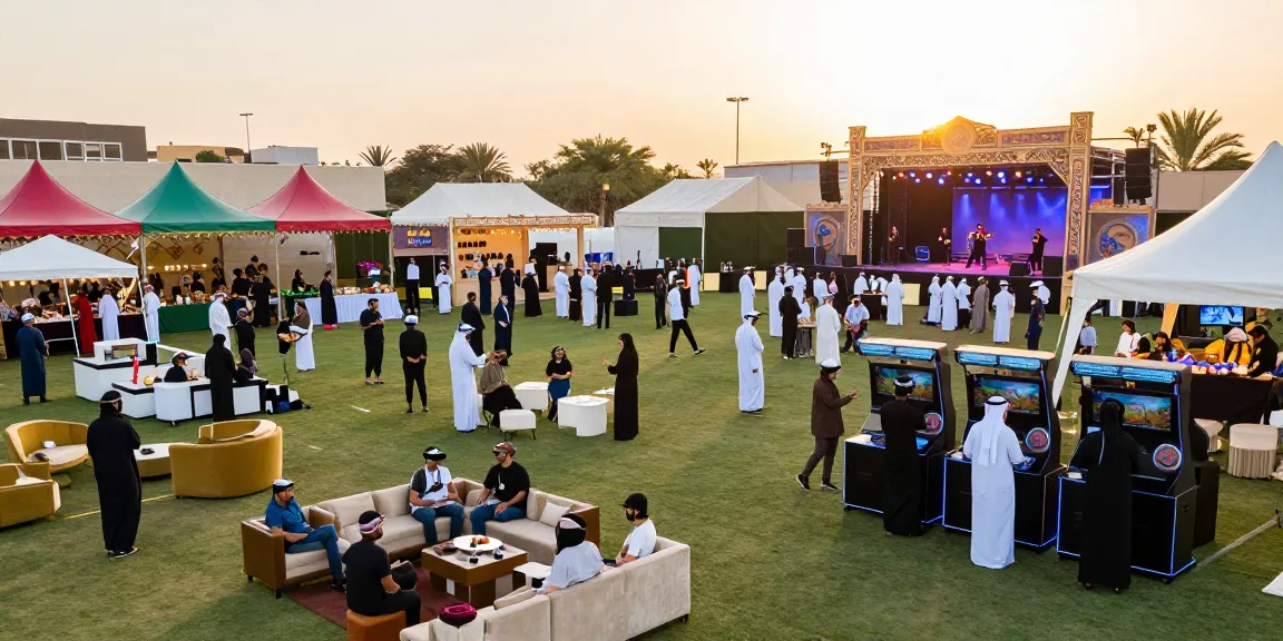 Event rentals enhancing a vibrant outdoor festival in Saudi Arabia with colorful tents and game stations.