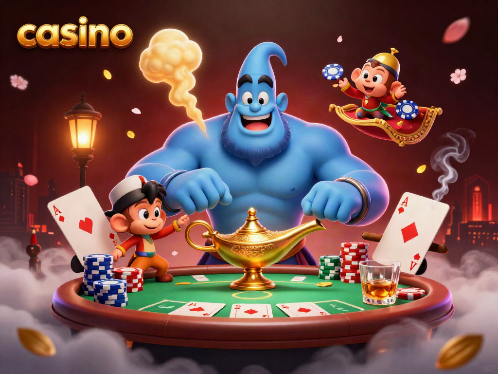 Engage with a vibrant casino scene featuring a genie, poker chips, and cards illustrating the excitement of gambling.