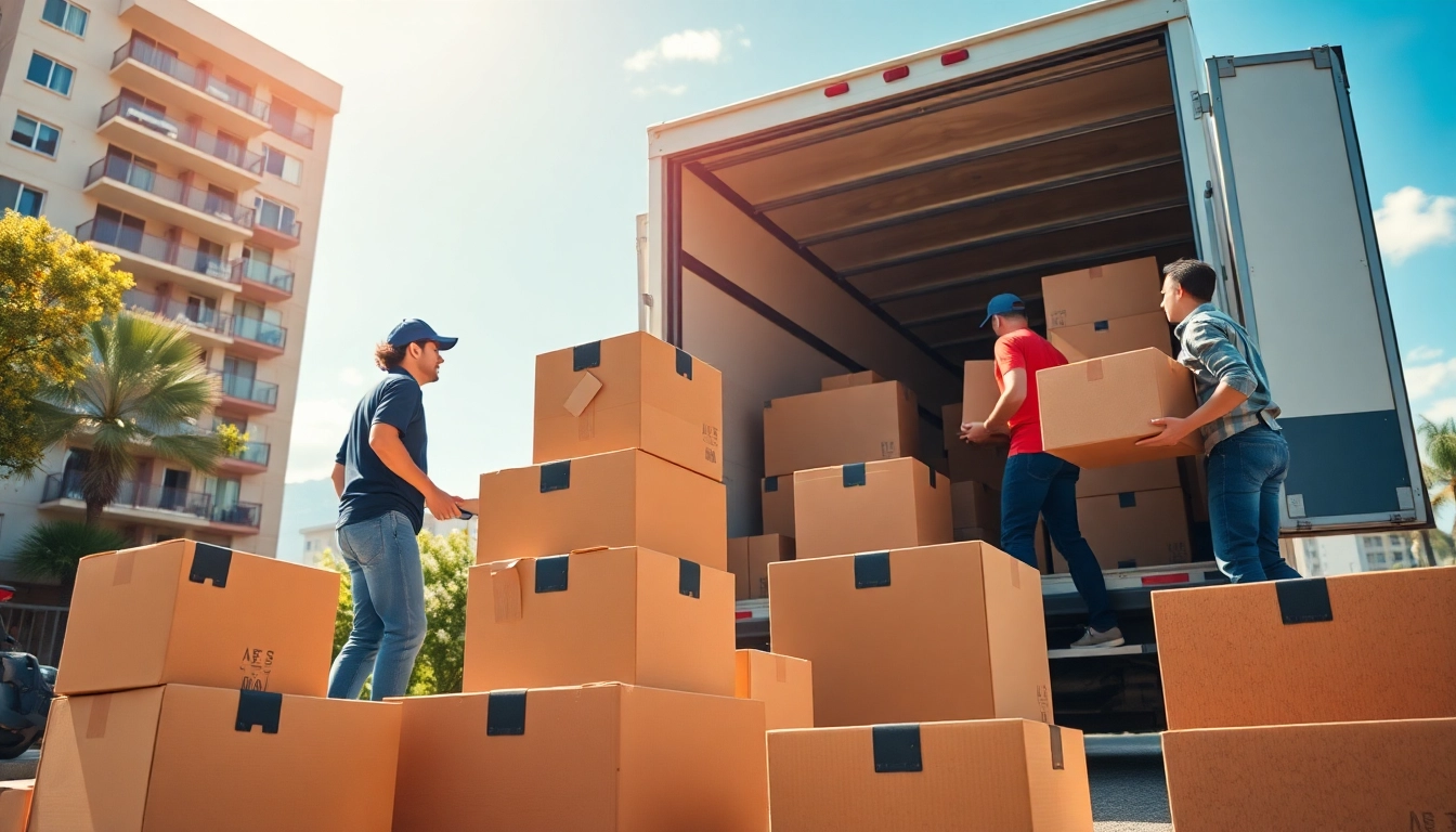 Efficient teamwork demonstrated in residential moving services with movers loading boxes into a truck.