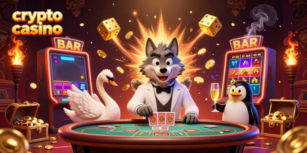 Engage in a vibrant scene at a crypto casino with charming characters and jackpot excitement.