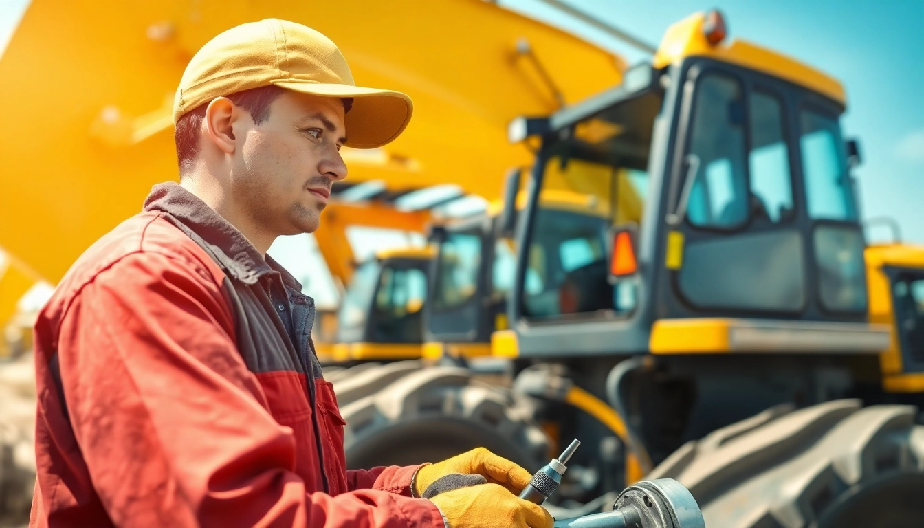 Mechanic providing mobile equipment service in a dynamic outdoor setting.