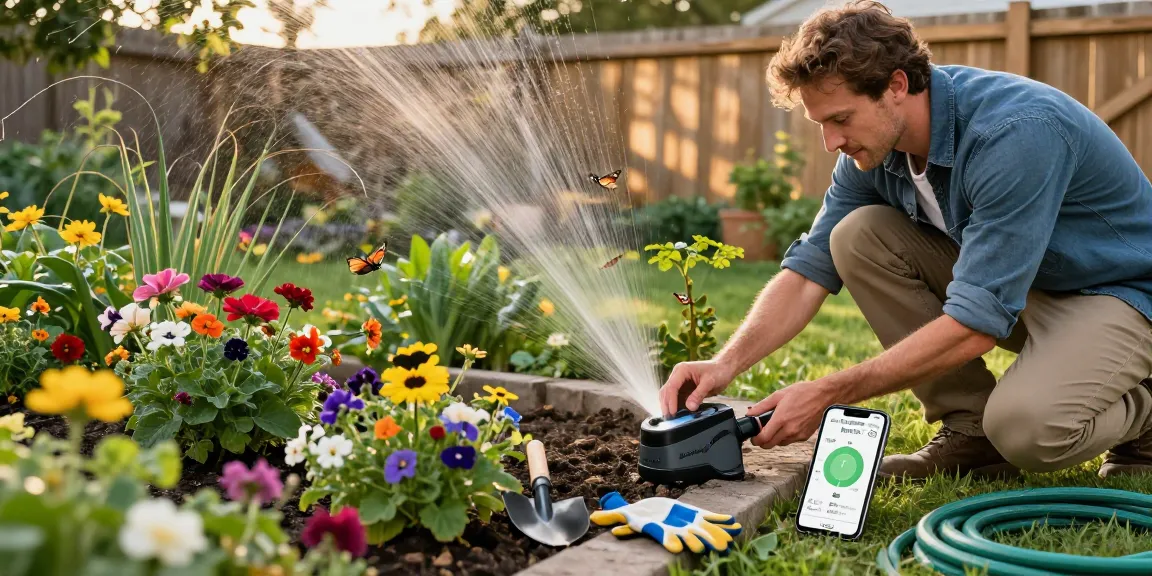 Setting up a RainPoint sprinkler timer in a vibrant garden for efficient watering