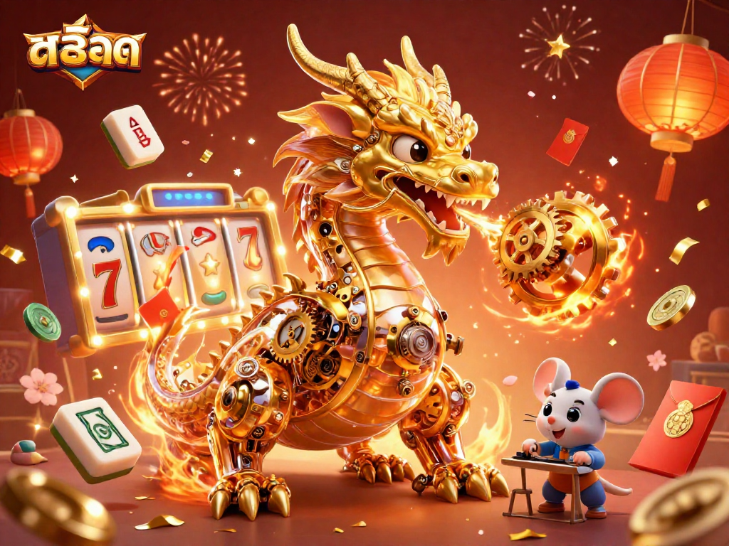 Engage in exciting สล็อต action with a golden dragon, slot reels, and festive elements in a vibrant scene.