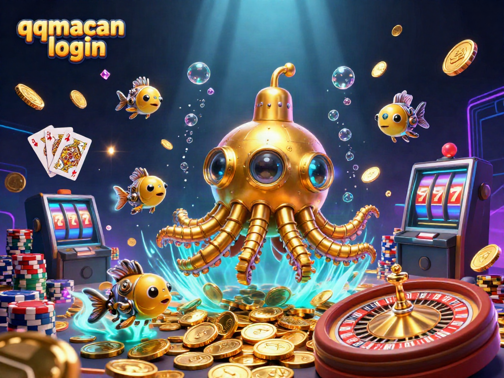 Experience the excitement of qqmacan login amid a vibrant 3D casino scene filled with treasures.