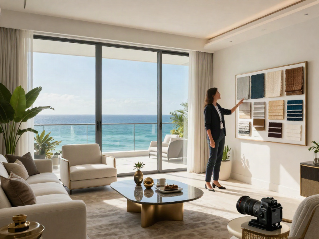 Bal Harbour remodeling showcasing a luxurious living room with ocean views, modern design elements, and natural light.