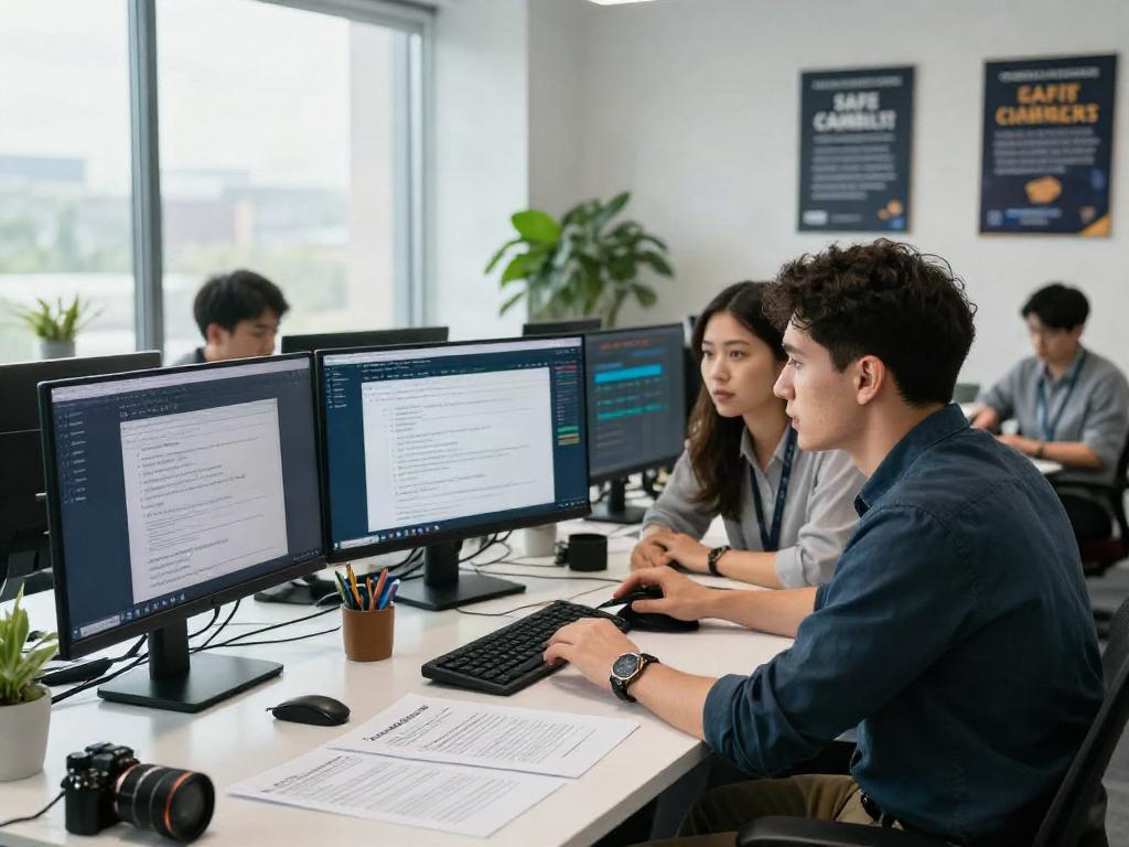 Betting verification team analyzing online gambling sites at a modern office, focusing on 먹튀스팟 검증사이트 practices.