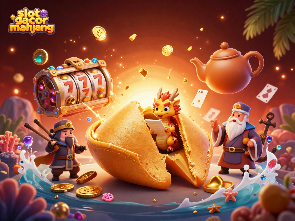 Experience slot gacor mahjong with a golden fortune cookie and a wise dragon in a vibrant casino scene.