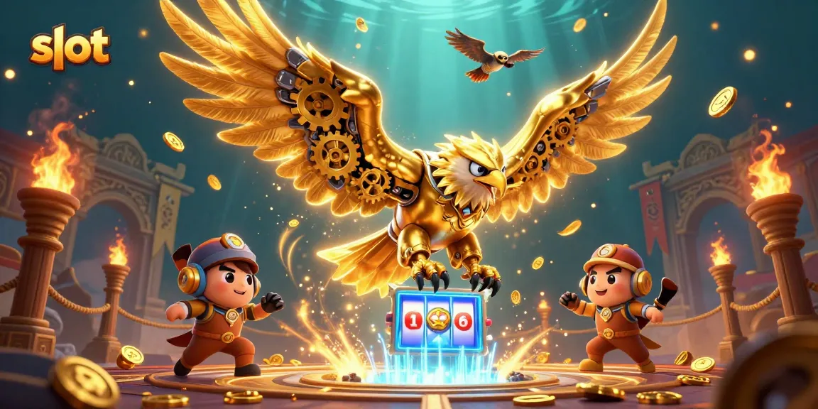 Slot gacor dengan elang emas cybernetic dalam permainan kasino, dikelilingi koin emas dan efek cahaya.
