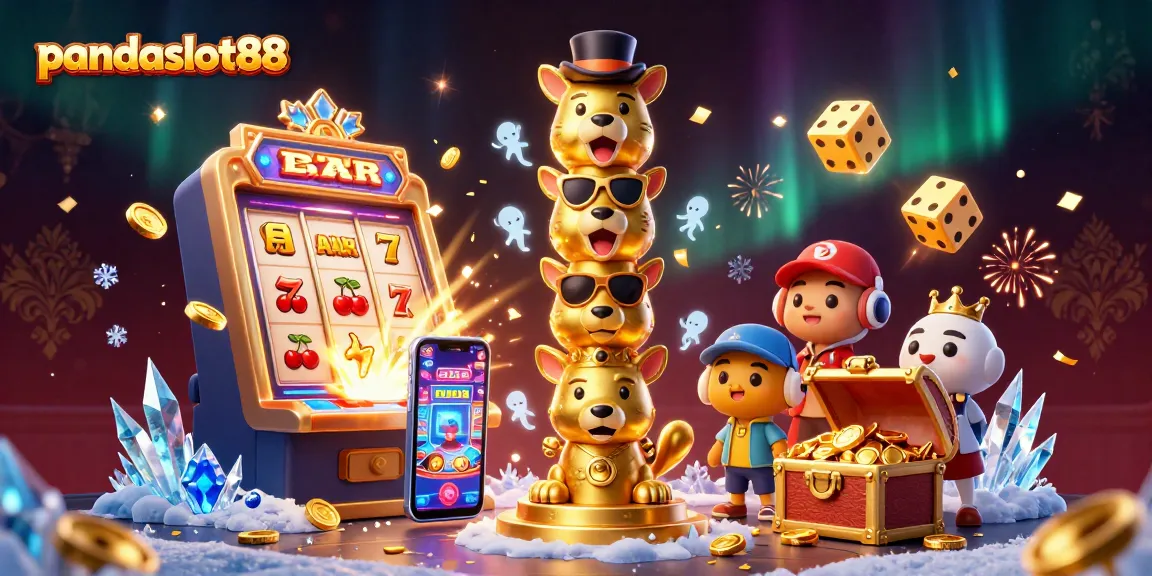 Memenangkan jackpot di pandaslot88 dengan mesin slot 3D penuh koin dan karakter unik.