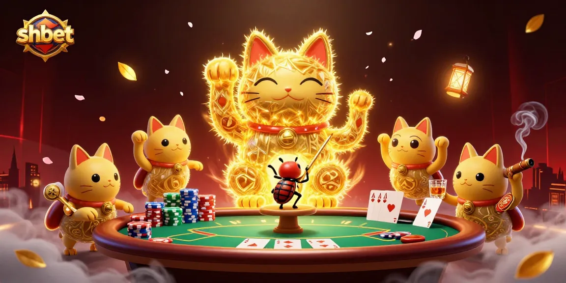 Experience thrilling action with shbet as fireflies shape a lucky cat amidst casino symbols.