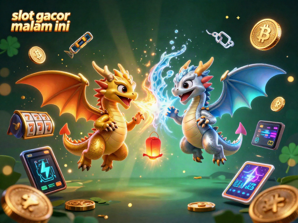 Slot gacor malam ini, ilustrasi kartun 3D dua naga berlawanan dengan simbol slot di sekitar mereka.