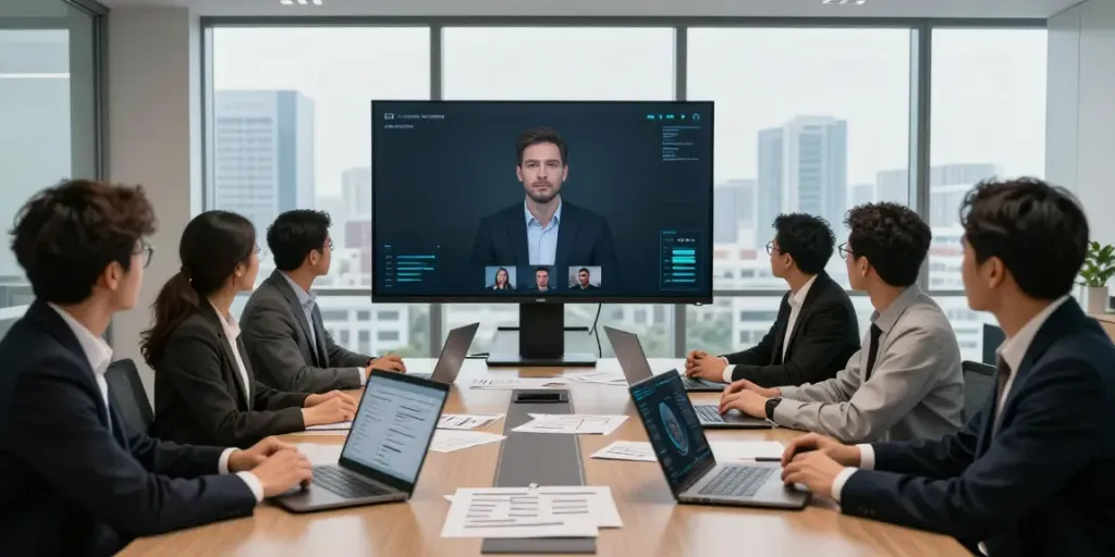 Deepfake-protected meetings showcasing a diverse team collaborating in a secure corporate environment.