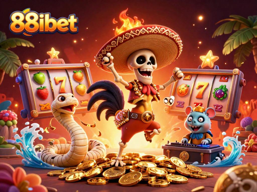 Engage with 88ibet through this vibrant casino illustration featuring a celebratory scene with unique characters and slot elements.