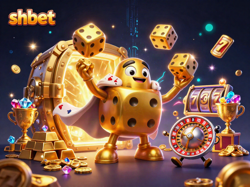 Experience the thrill of shbet's gaming world with a dazzling 3D illustration of a vibrant casino scene.