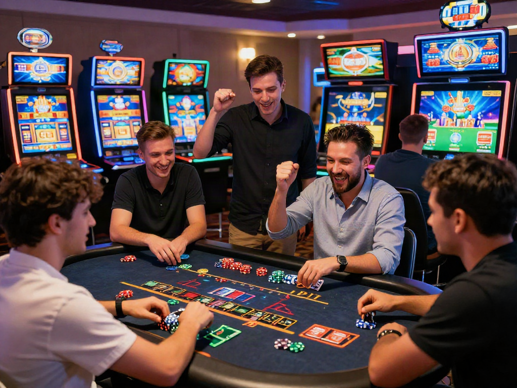 Exciting casino online gaming scene with diverse players enjoying virtual blackjack tables and colorful slot machines.
