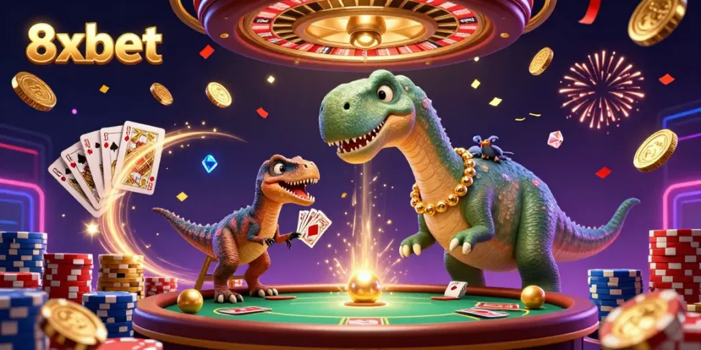 Join the fun with 8xbet in this animated 3D scene featuring a brontosaurus and a clever raptor dealing cards.