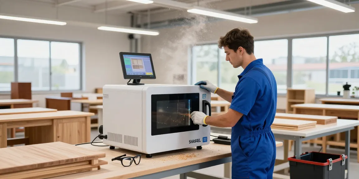SHASHEL® technician utilizing microwave technology for woodworm elimination in a modern workshop