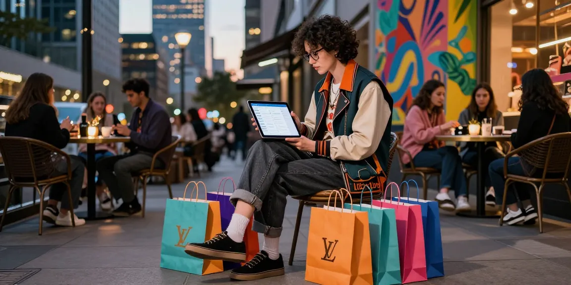 Stylish individual reviewing Litbuy spreadsheet in vibrant urban setting, showcasing modern shopping trends.