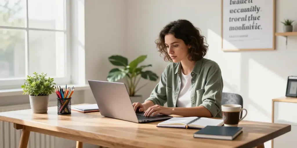 AI copywriting for bloggers in a bright home office setting, highlighting the creative workspace.