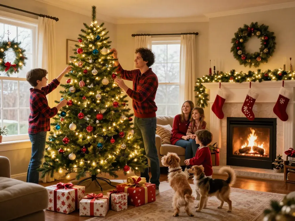 Family joyfully decorating pre lit pencil slim christmas tree in cozy living room.