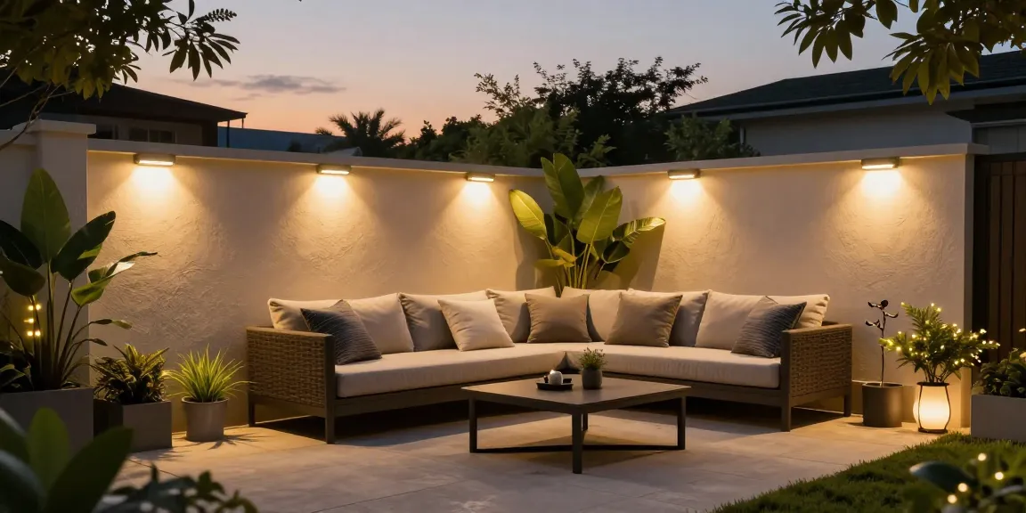Aplica LED exterior iluminând o terasă modernă, creând o atmosferă primitoare în grădină.