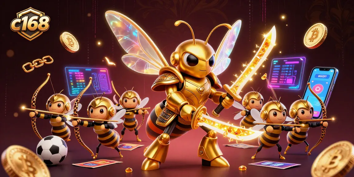 Engage in sports betting excitement with c168 at a vibrant casino illustration featuring dynamic characters and crypto elements.